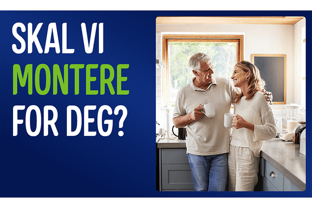 Mann og kvinne som står på kjøkkenet med kaffekopper i hendene og tekst: «Skal vi montere for deg?»