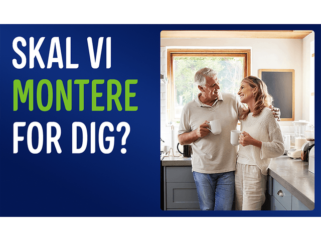 Mand og kvinde, der står i køkkenet med kaffekopper i hænderne, og tekst: «Skal vi montere for dig?»