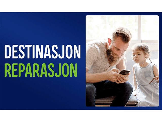 Mann som ser på mobilen sammen med sin lille datter og tekst: «Destinasjon reparasjon».