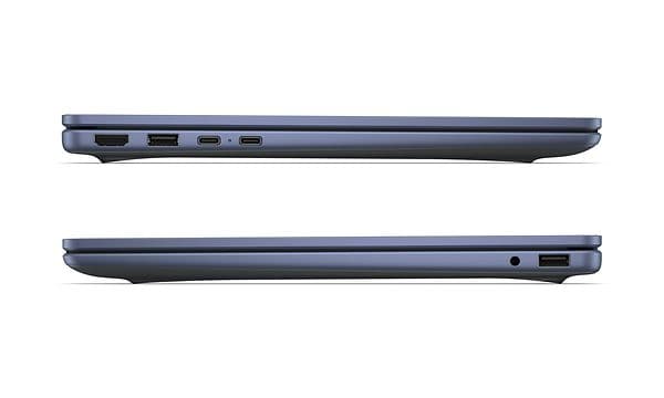 En lukket HP Omnibook 3 14-tommers AI-PC vist med porter på begge sider.