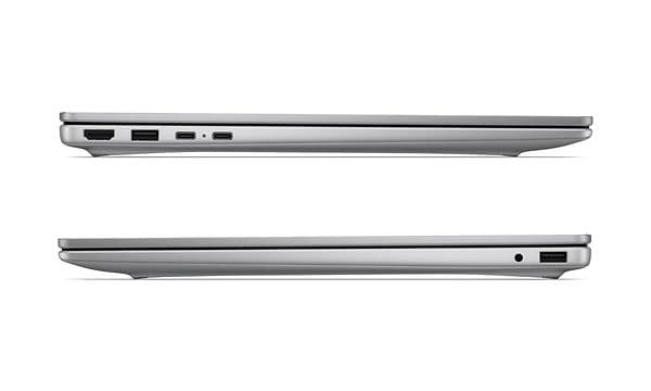 En lukket HP Omnibook 3 16'' AI-PC vist med porter på begge sider.