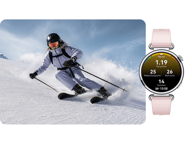 En person der løber på ski og et lyserødt HUAWEI WATCH GT 7-ur med skidata