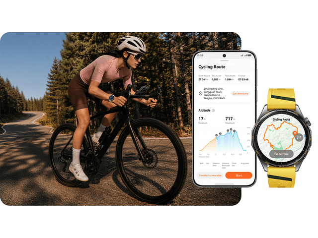 En person på en cykel og en telefon plus et HUAWEI WATCH GT 7-ur der viser cykeldata