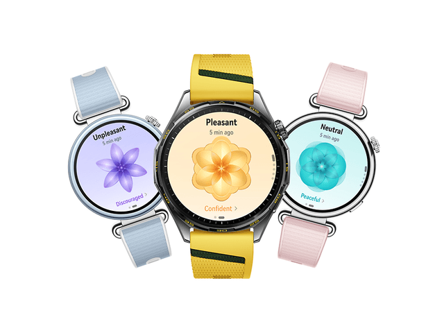 HUAWEI WATCH GT 7 i tre forskellige farver med oversigt over følelsesmæssig velvære