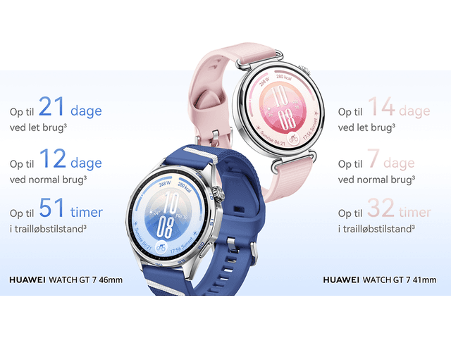 Lyserødt og lilla HUAWEI WATCH GT 7 smartwatch med indikation for batteritid