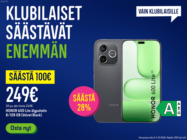 Klubilaiset säästävät enemmän! Honor puhelin 100 € säästöllä. Klikkaa banneria ja lue lisää.
