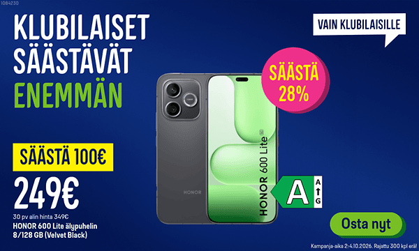 Klubilaiset säästävät enemmän! Honor puhelin 100 € säästöllä. Klikkaa banneria ja lue lisää.