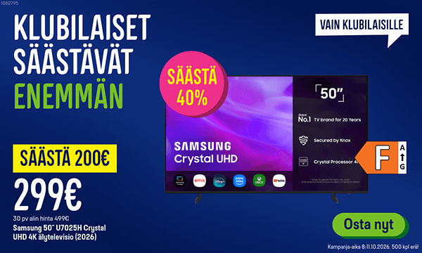 Klubilaiset säästävät enemmän! Samsung TV 200 € säästöin. Klikkaa banneria ja lue lisää.