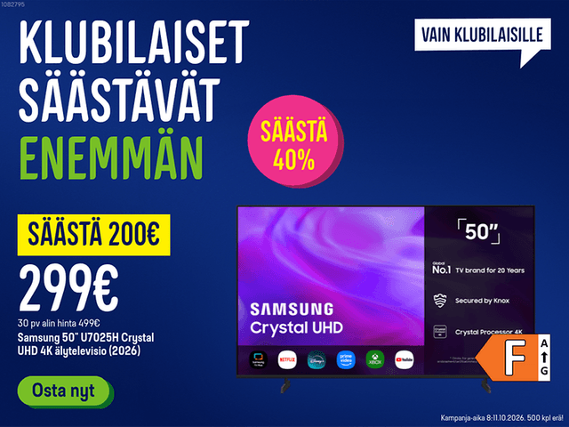 Klubilaiset säästävät enemmän! Samsung TV 200 € säästöin. Klikkaa banneria ja lue lisää.