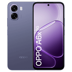 OPPO A6x -älypuhelin edestä ja takaa kuvattuna valkoista taustaa vasten