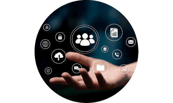 Hand and a collection of digital icons symbolising modern communication