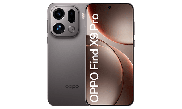 OPPO Find X9 Pro-smartphone framifrån och bakifrån mot en vit bakgrund.