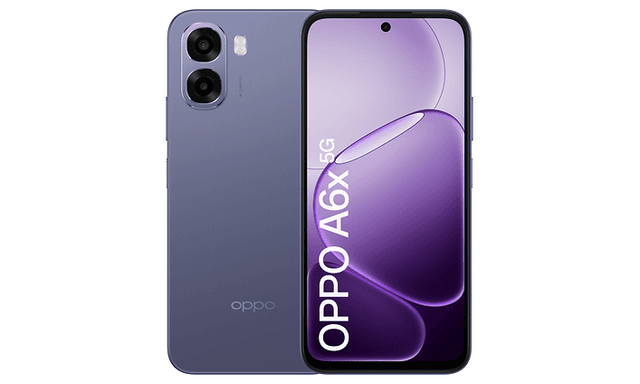 OPPO A6x-smartphone framifrån och bakifrån mot en vit bakgrund.