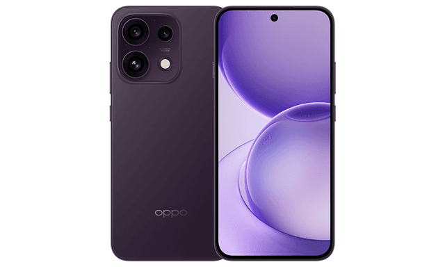 OPPO Reno16 F-smartphone framifrån och bakifrån mot en vit bakgrund.