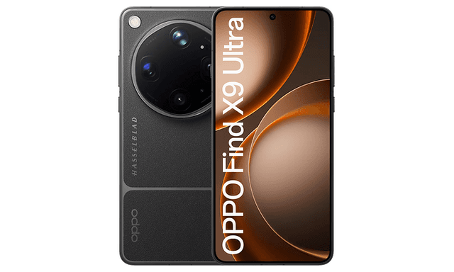 OPPO Find X9 Ultra-smartphone framifrån och bakifrån mot en vit bakgrund.