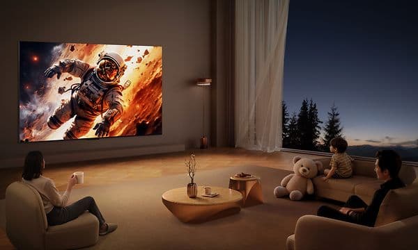 En familj kollar på TV i vardagsrum