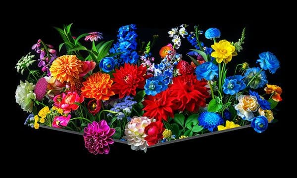 En svart TCL C8L-TV med färgstarka och livfulla blommor på skärmen.