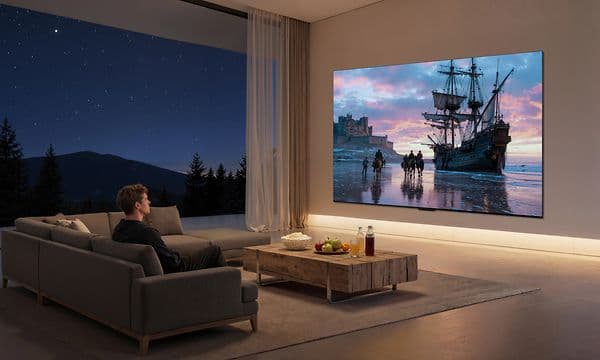 En mann ser på en scene med et skip på en TCL MSQLED85L-TV i en stue.