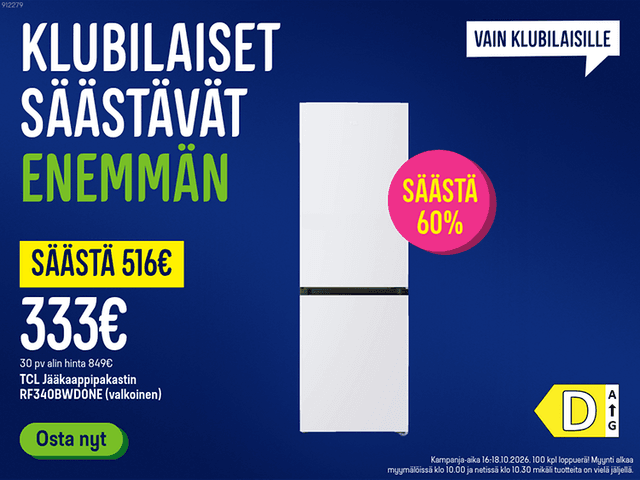 Klubilaiset säästävät enemmän. Nyt TCL jääkaappipakastin 60 % säästöllä. Klikkaa banneria ja lue lisää!