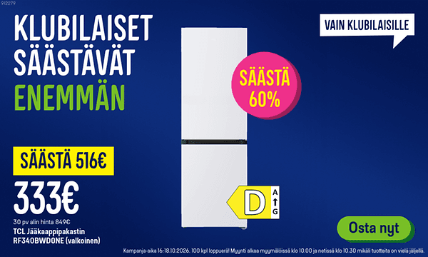 Klubilaiset säästävät enemmän. Nyt TCL jääkaappipakastin 60 % säästöllä. Klikkaa banneria ja lue lisää!
