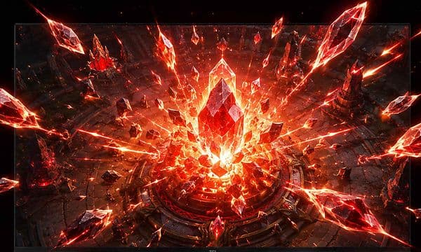 Explosion av röda kristaller i ett spel.