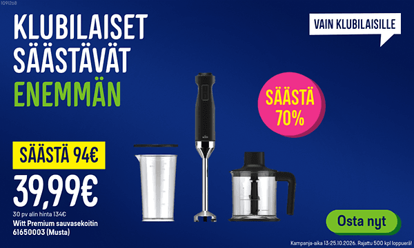 Klubilaiset säästävät enemmän. 70 % säästöllä Witt sauvasekoitin! Klikkaa banneria ja lue lisää.
