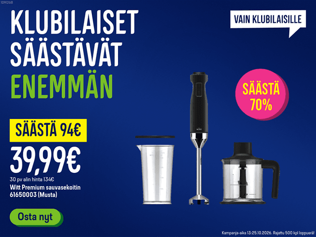 Klubilaiset säästävät enemmän. 70 % säästöllä Witt sauvasekoitin! Klikkaa banneria ja lue lisää.