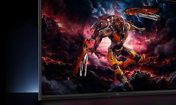 TCL monitor showing a yellow robot flying between dark clouds