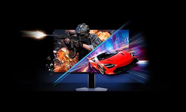 TCL monitor showing a split screen view of a man with a gun and a car driving fast