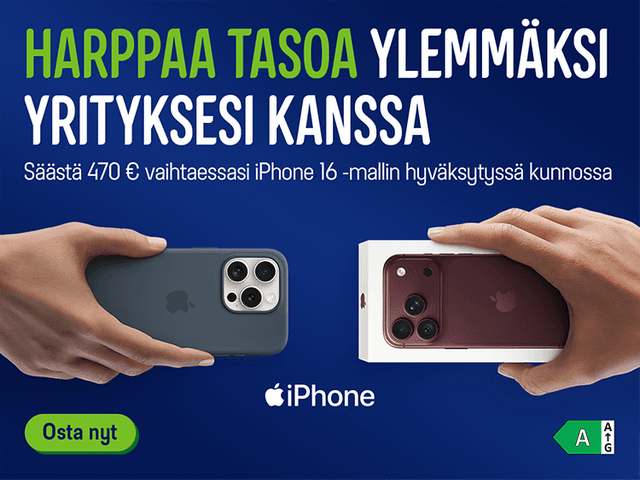 Harppaa tasoa ylemmäksi yrityksesi kanssa. Säästä 470 € vaihtaessasi iPhone 16 -mallin hyväksytyssä kunnossa.