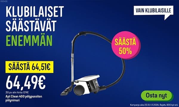 Klubilaiset säästävät enemmän. Säästä 64,51€ APT Clean 400 pussittomasta imurista.