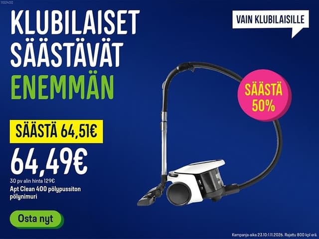 Klubilaiset säästävät enemmän. Säästä 64,51€ APT Clean 400 pussittomasta imurista.