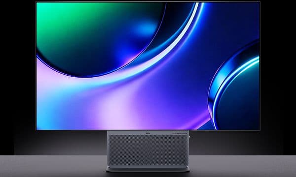 Harmaa TCL-pelinäyttö, jolla näkyy värikkäitä abstrakteja kuvioita