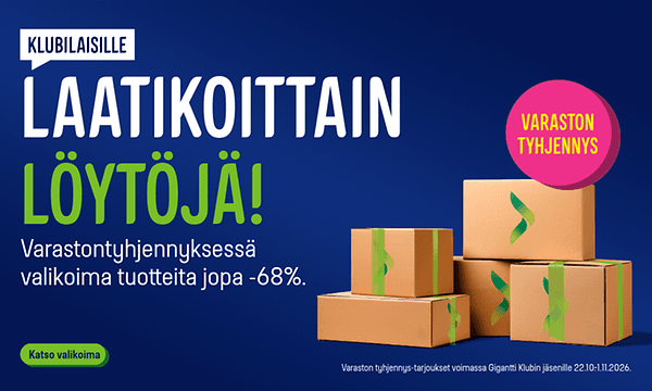 Klubilaisille laatikoittain löytyjä! Varastontyhjennyksessä valikoima tuotteita jopa 68 % alennuksin.