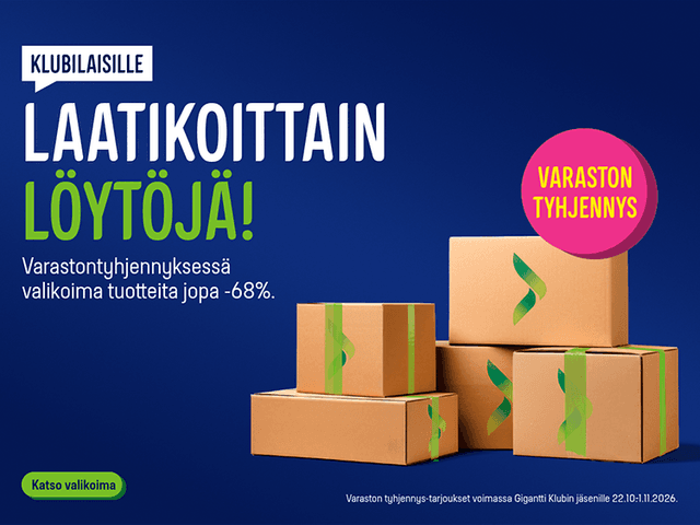 Klubilaisille laatikoittain löytyjä! Varastontyhjennyksessä valikoima tuotteita jopa 68 % alennuksin.