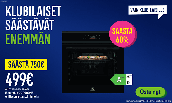 Klubilaisille Electoluxin uuni OOP900NB nyt 750 € säästöllä.