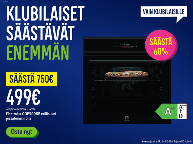 Klubilaisille Electoluxin uuni OOP900NB nyt 750 € säästöllä.
