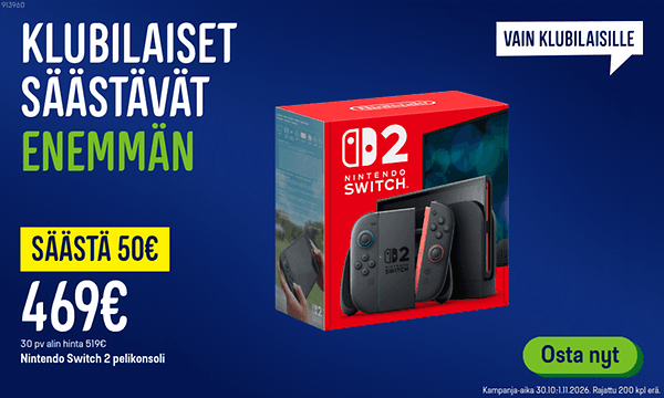 Klubilaisille Nintendo Switch 2 913960 nyt 50 € säästöllä.