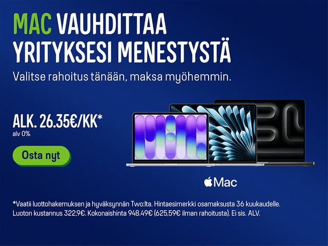 Macbook vauhdittaa yritystäsi. Klikkaa banneria ja lue lisää rahoitusvaihtoehdoista